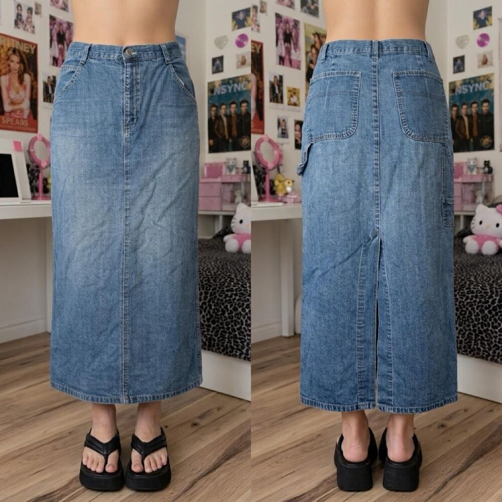 Vintage 90s Paul Harris Denim Grunge Cargo Midi Skirt Size 12 Carpenter USA Made